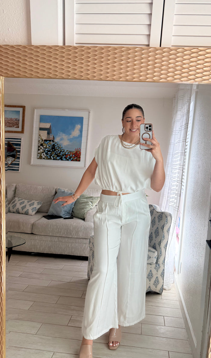 silky short sleeve relaxed drawstring top
