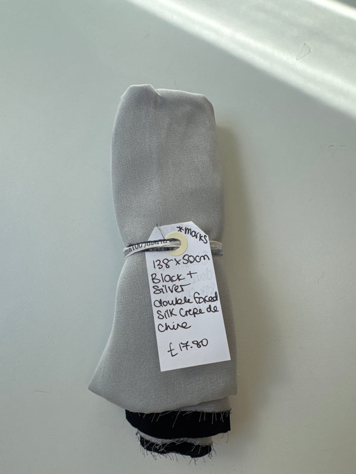 Black + Silver Double Faced Silk Crepe de Chine Remnant