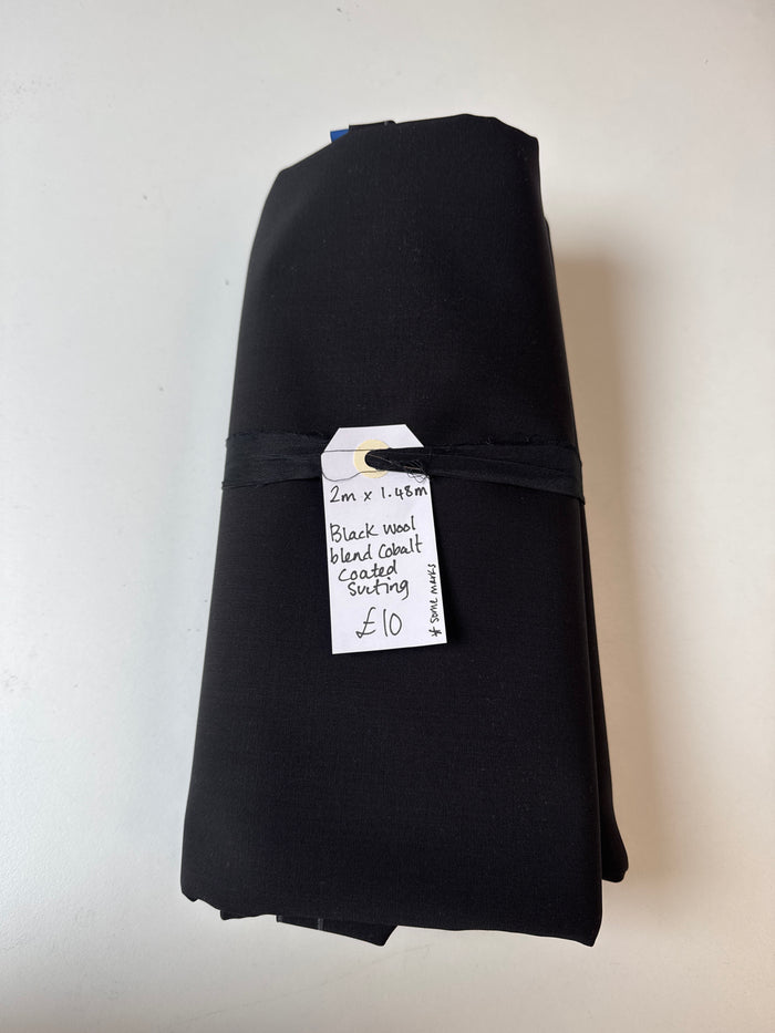 Black Wool Blend Cobalt Coated Suiting Remnant