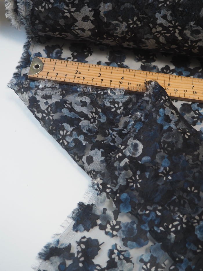 Blue Black Floral Burnout Organza