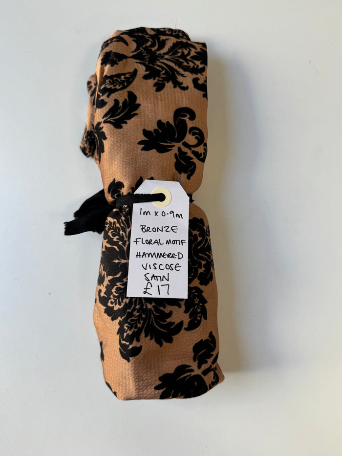 Bronze Floral Motif Hammered Viscose Satin Remnant