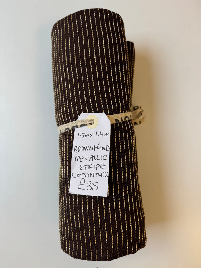 Brown + Gold Metallic Stripe Cotton Twill Remnant
