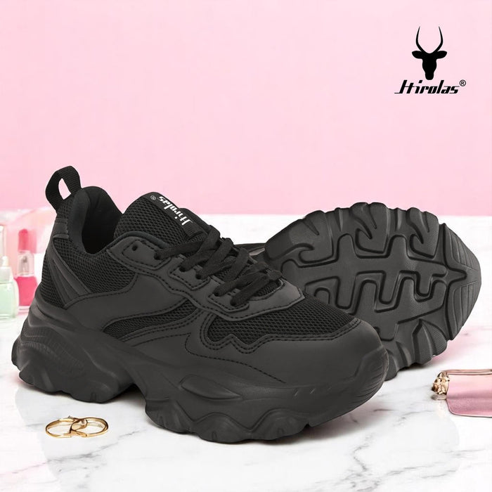 Chunky Mesh & Synthetic Black Sports Shoes for women Regular
