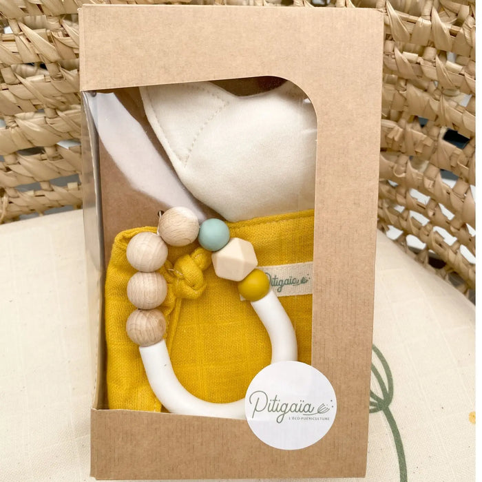 Coffret cadeau naissance doudou coton bio Pitigaia - Jaune