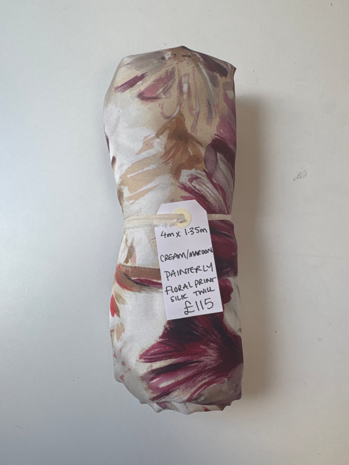 Cream/Maroon Painterly Floral Print Silk Twill Remnant