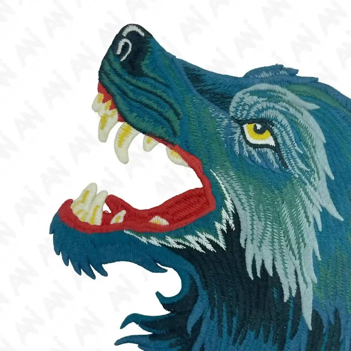 Close-up of wolf sew patch by Ani Accessories, detailed animal applique showing texture, stitching, and premium quality