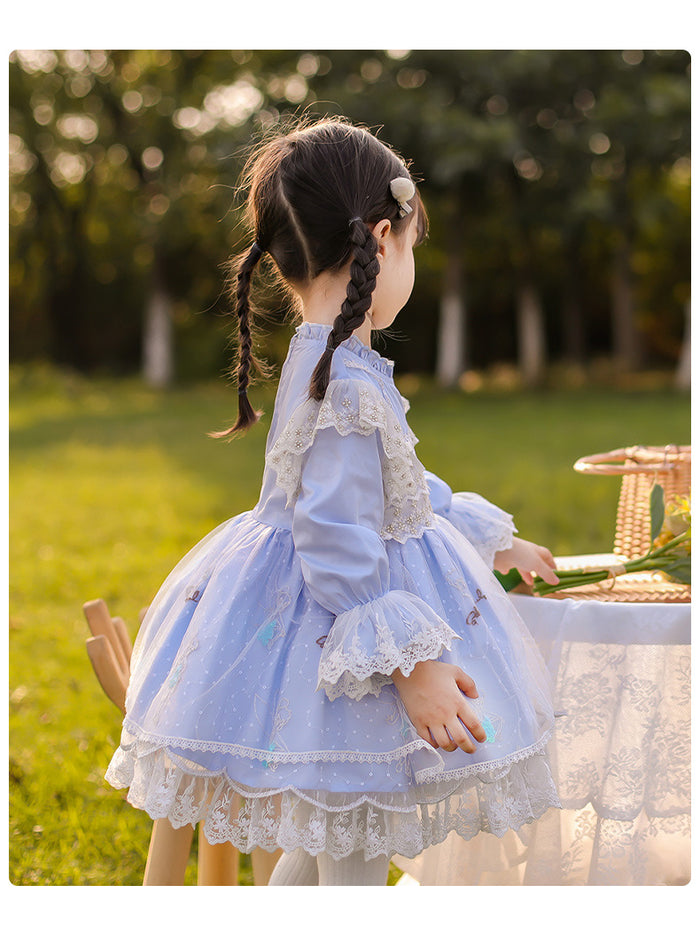 Girls Lolita Dress Sweet Love Light Blue Long Sleeves Lace Jersey with Bow(s)