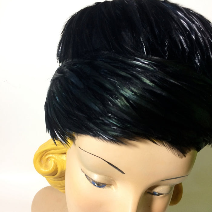 Glossy Black Swirled Feather Tiered Cocktail Hat circa 1960s