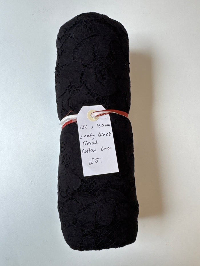 Leafy Black Floral Cotton Lace Remnant
