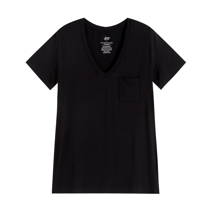 The Jammie Session Mystic Mushrooms Women's Solid Short Sleeve T-shirt, a black bamboo V-neck with moisture wicking and a small chest pocket, is shown laid flat on a white background.