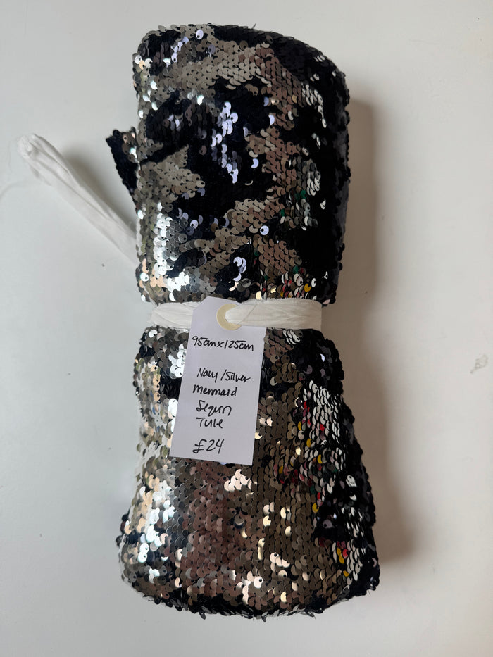 Navy Silver Mermaid Sequin Tulle Remnant