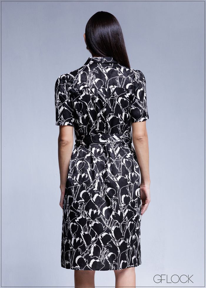 Printed Short Sleeve Midi Dress - 100425