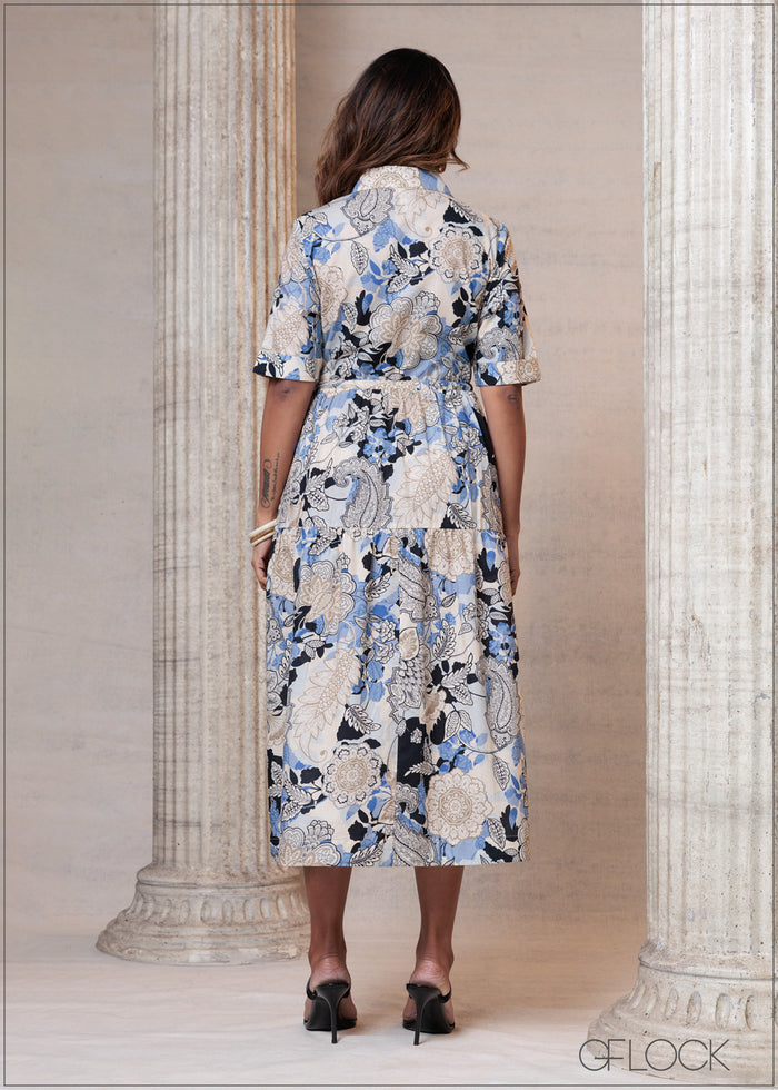 Printed Tie Detailed Dress (Premium Cotton) - 201025