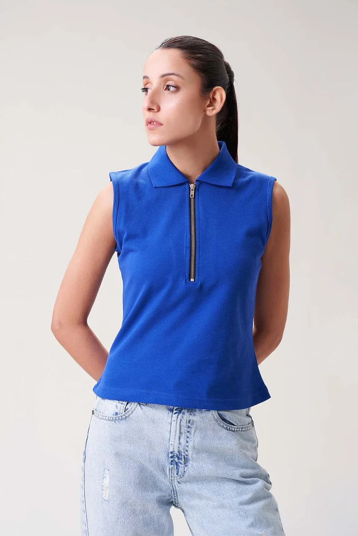Royal Blue Sleeveless Polo Zip Top for Women