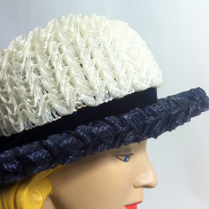 Ruffled Cello Mod Blue and White Hat w/ Bow circa 1960s