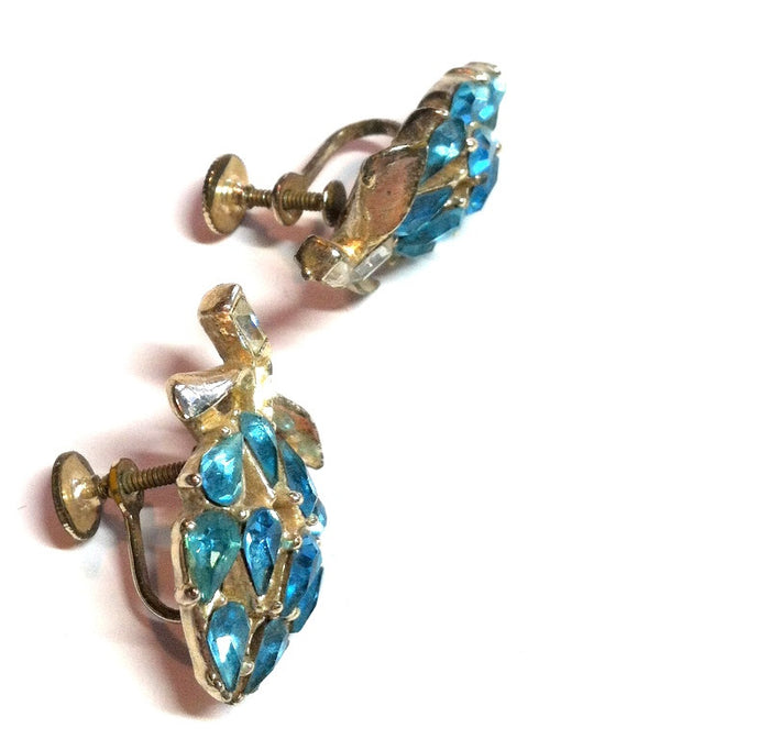 SALE Bright Turquoise Blue Rhinestone Cluster Clip Earrings circa 1960s
