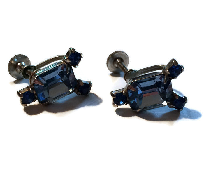 Sky Blue Rhinestone Clip Earrings circa 1950s