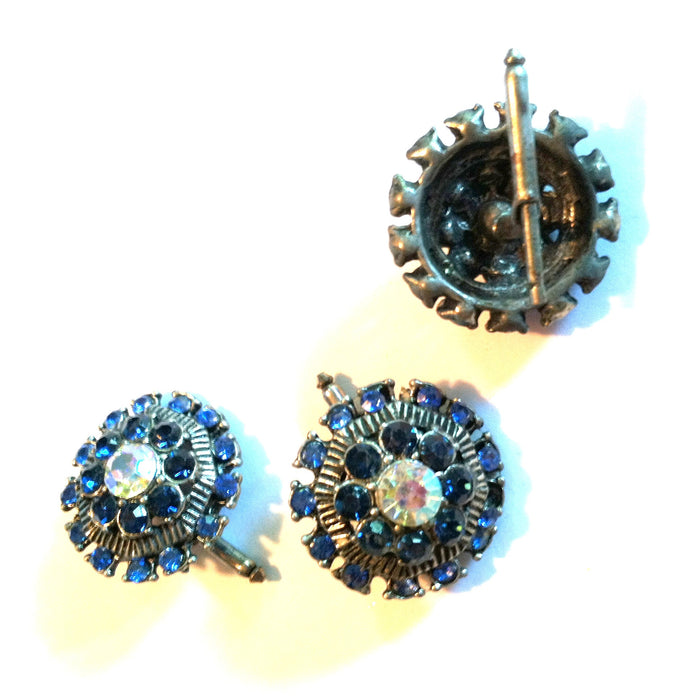 Sparkling Bold Blue and Clear Rhinestone Button Studs Set 3 circa 1940s