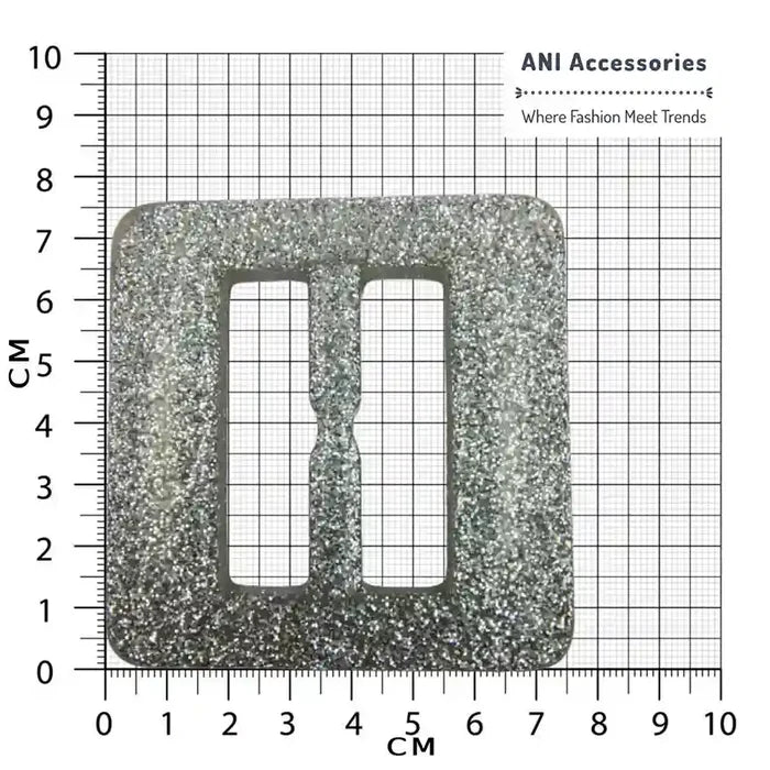 Ani Accessories Square resin buckle designed with dazzling silver sparkle, placed in a size graph.