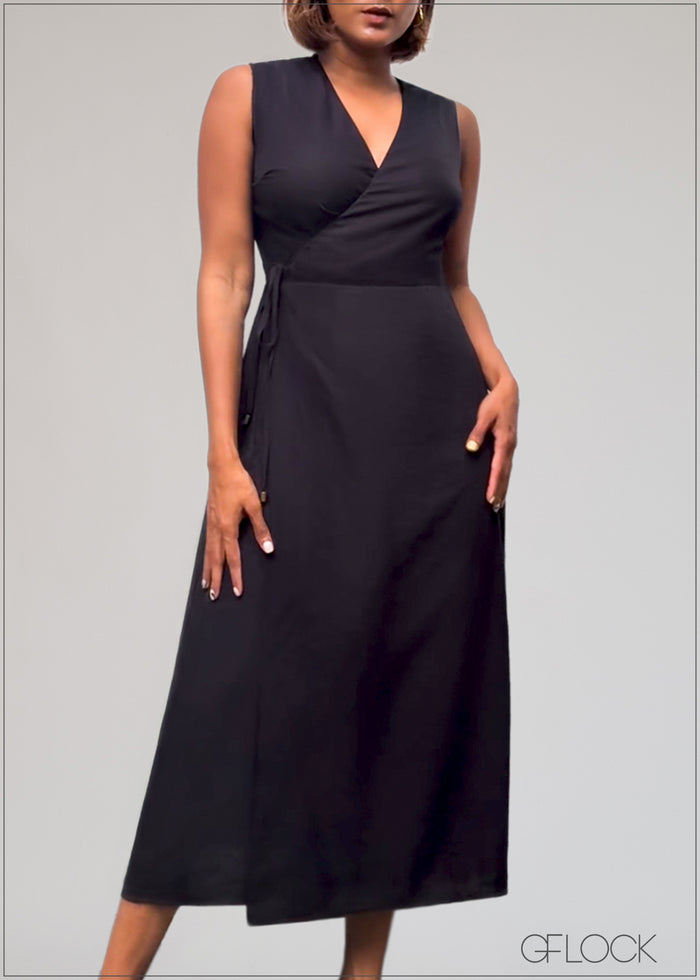 V-Neck Wrap Midi Dress - 230625
