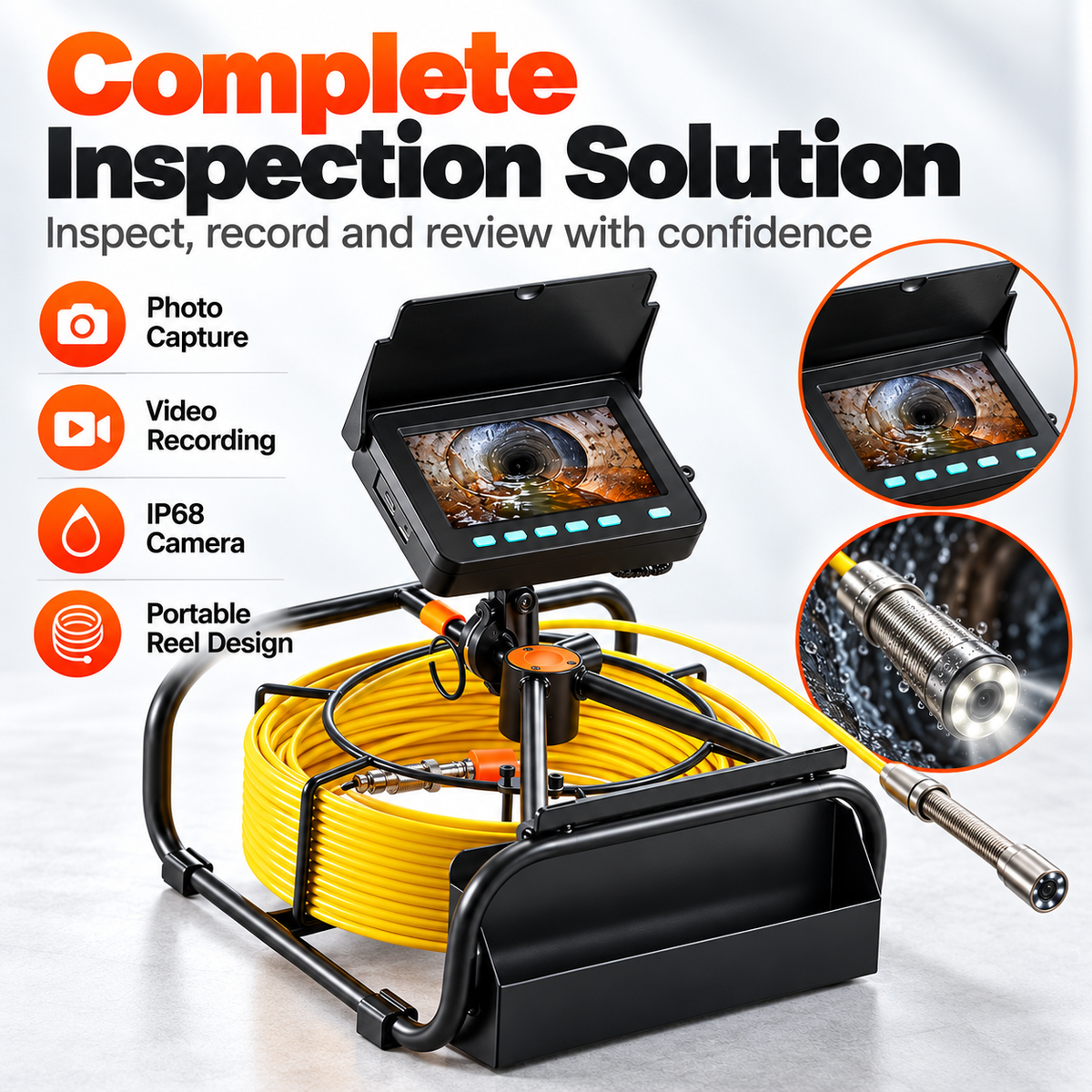 Video Sewer Camera with 20m/66ft Snake Cable, 4.3in Screen Industrial Endoscope, IP68 Waterproof, DVR Record, LED Lights, SD Card, Batteries, Flexible Spring Turns Easily, Drainage Pipe Inspect Tool for Plumbers, Car Repair & Home Plumbing
