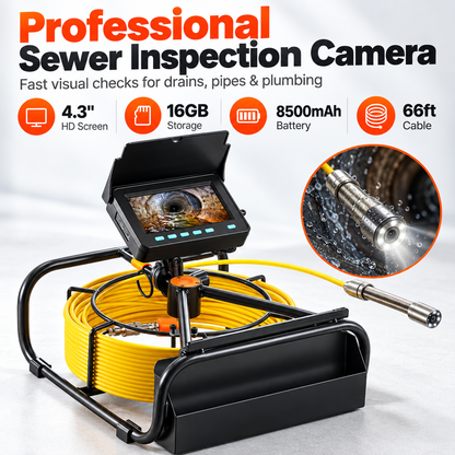 Video Sewer Camera with 20m/66ft Snake Cable, 4.3in Screen Industrial Endoscope, IP68 Waterproof, DVR Record, LED Lights, SD Card, Batteries, Flexible Spring Turns Easily, Drainage Pipe Inspect Tool for Plumbers, Car Repair & Home Plumbing
