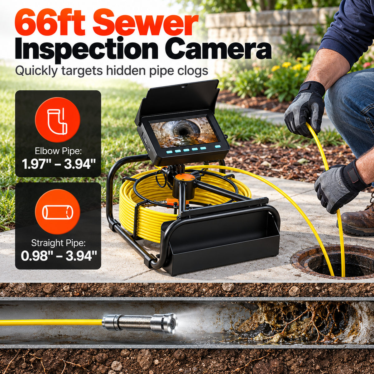 Video Sewer Camera with 20m/66ft Snake Cable, 4.3in Screen Industrial Endoscope, IP68 Waterproof, DVR Record, LED Lights, SD Card, Batteries, Flexible Spring Turns Easily, Drainage Pipe Inspect Tool for Plumbers, Car Repair & Home Plumbing