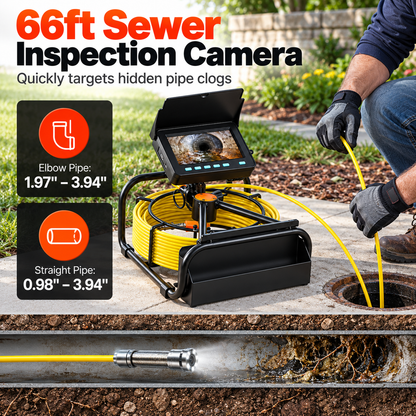 Video Sewer Camera with 20m/66ft Snake Cable, 4.3in Screen Industrial Endoscope, IP68 Waterproof, DVR Record, LED Lights, SD Card, Batteries, Flexible Spring Turns Easily, Drainage Pipe Inspect Tool for Plumbers, Car Repair & Home Plumbing
