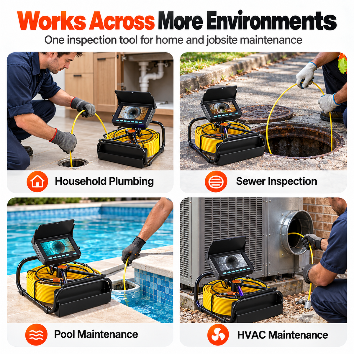 Video Sewer Camera with 20m/66ft Snake Cable, 4.3in Screen Industrial Endoscope, IP68 Waterproof, DVR Record, LED Lights, SD Card, Batteries, Flexible Spring Turns Easily, Drainage Pipe Inspect Tool for Plumbers, Car Repair & Home Plumbing