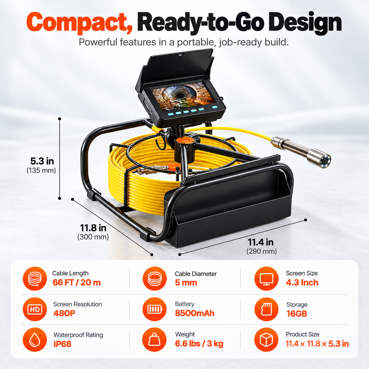 Video Sewer Camera with 20m/66ft Snake Cable, 4.3in Screen Industrial Endoscope, IP68 Waterproof, DVR Record, LED Lights, SD Card, Batteries, Flexible Spring Turns Easily, Drainage Pipe Inspect Tool for Plumbers, Car Repair & Home Plumbing