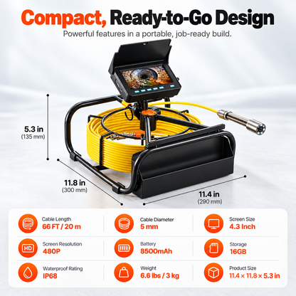 Video Sewer Camera with 20m/66ft Snake Cable, 4.3in Screen Industrial Endoscope, IP68 Waterproof, DVR Record, LED Lights, SD Card, Batteries, Flexible Spring Turns Easily, Drainage Pipe Inspect Tool for Plumbers, Car Repair & Home Plumbing