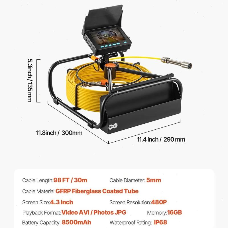 Video Sewer Camera with 20m/66ft Snake Cable, 4.3in Screen Industrial Endoscope, IP68 Waterproof, DVR Record, LED Lights, SD Card, Batteries, Flexible Spring Turns Easily, Drainage Pipe Inspect Tool for Plumbers, Car Repair & Home Plumbing