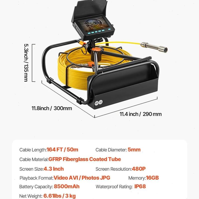 Video Sewer Camera with 20m/66ft Snake Cable, 4.3in Screen Industrial Endoscope, IP68 Waterproof, DVR Record, LED Lights, SD Card, Batteries, Flexible Spring Turns Easily, Drainage Pipe Inspect Tool for Plumbers, Car Repair & Home Plumbing
