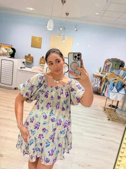 puff sleeve purple florals mini dress