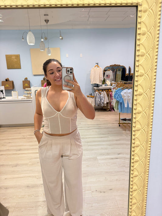 beige two tone tank pant set