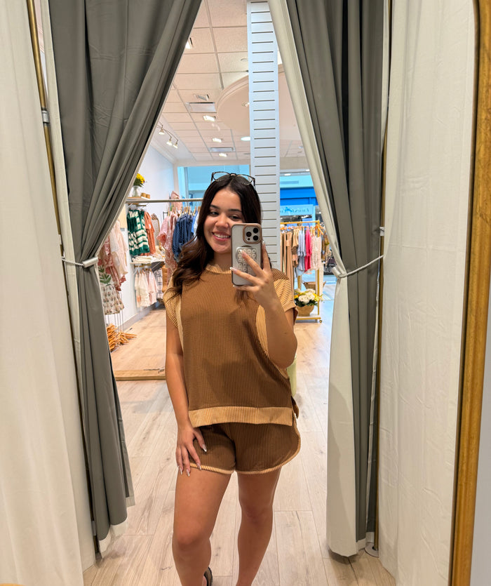 brown two toned ribbed short set