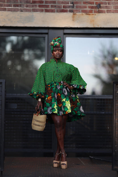 African print short A line dress with pockets.