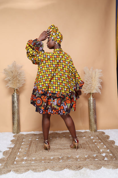 African print short A line flare dress with pockets.