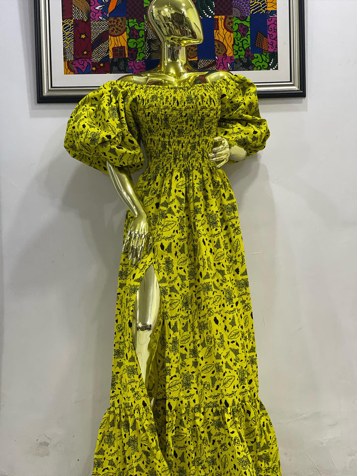 African print stretchy puffy sleeve long maxi dress.