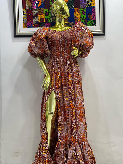 African print stretchy puffy sleeves long maxi dress