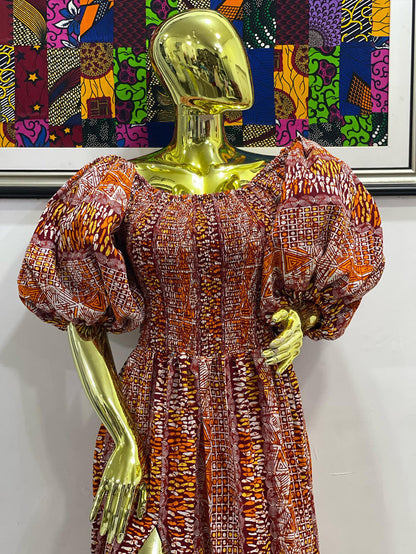 African print stretchy puffy sleeves long maxi dress