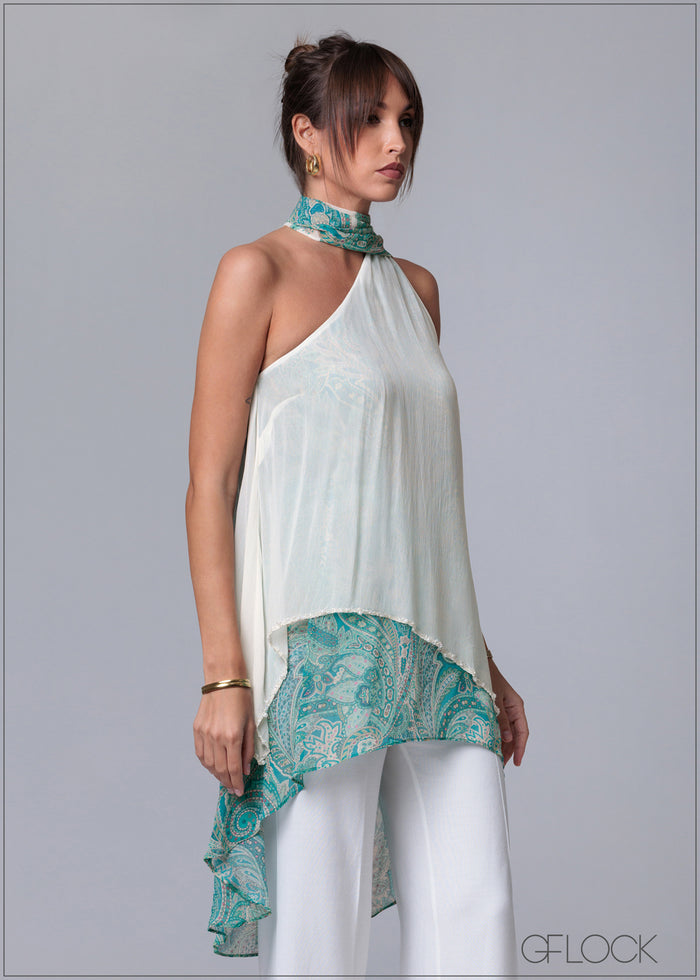 Aqua Hand Embroidered Scarf Top - 231125