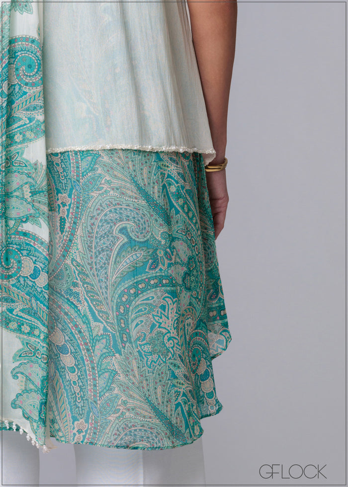 Aqua Hand Embroidered Scarf Top - 231125