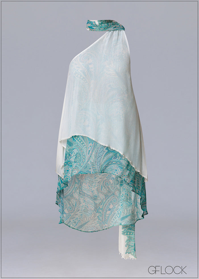 Aqua Hand Embroidered Scarf Top - 231125