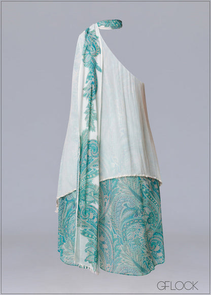 Aqua Hand Embroidered Scarf Top - 231125