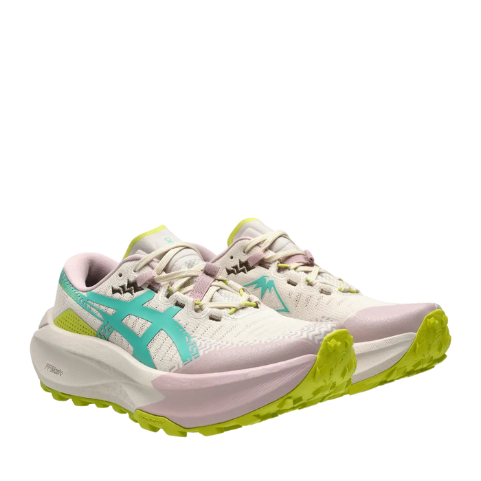 ASICS Women's TRABUCO MAX 5 Trail Running Shoes in Mineral Beige/Aurora Green, side angle