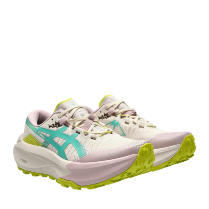 ASICS Women's TRABUCO MAX 5 Trail Running Shoes in Mineral Beige/Aurora Green, side angle