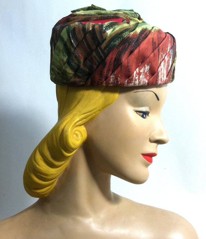 Autumnal Silk Scarf Wrapped Pillbox Hat w/ Stem circa 1960s Hattie Carnegie