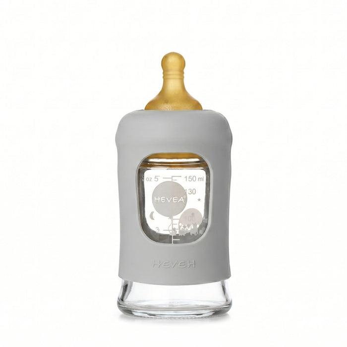 Biberon en verre à col large avec manchon Hevea 150ml - Gorgeous Grey