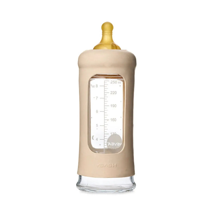 Biberon en verre à col large avec manchon Hevea 250ml - Sable
